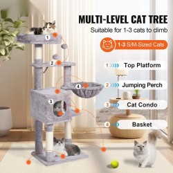 Kissan kiipeilypuu 114,8 senttimetriä 5 tasoa sisal-raapimapylväät riippukori piilopesä vaaleanharmaa