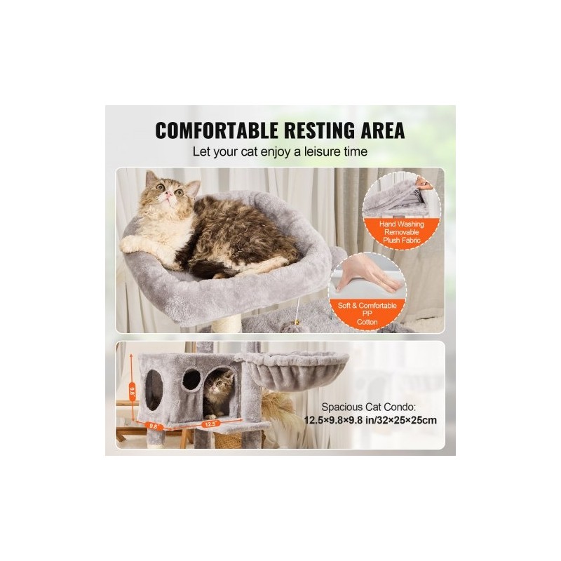 Kissan kiipeilypuu 114,8 senttimetriä 5 tasoa sisal-raapimapylväät riippukori piilopesä vaaleanharmaa