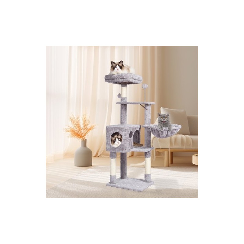 Kissan kiipeilypuu 114,8 senttimetriä 5 tasoa sisal-raapimapylväät riippukori piilopesä vaaleanharmaa