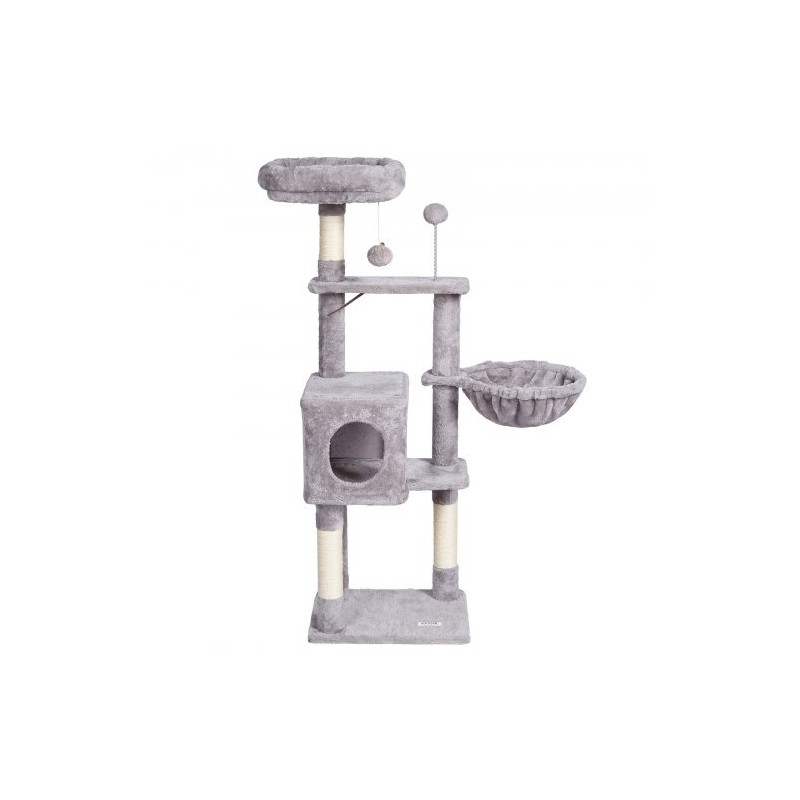 Kissan kiipeilypuu 114,8 senttimetriä 5 tasoa sisal-raapimapylväät riippukori piilopesä vaaleanharmaa