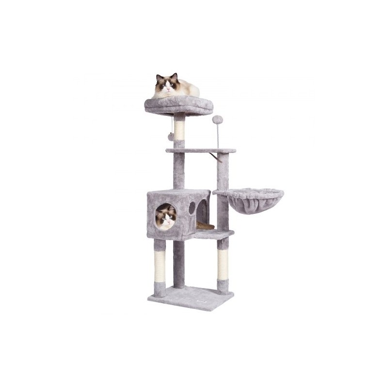 Kissan kiipeilypuu 114,8 senttimetriä 5 tasoa sisal-raapimapylväät riippukori piilopesä vaaleanharmaa