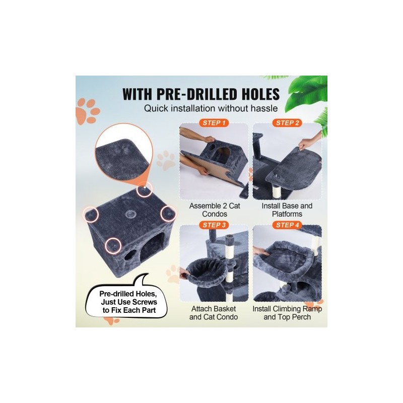 Kissan kiipeilypuu 174 cm 10 tasoa 2 pesää sisalköysillä päällystetyt pylväät