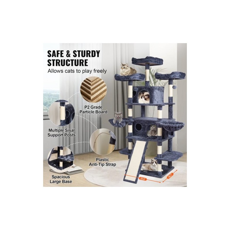 Kissan kiipeilypuu 174 cm 10 tasoa 2 pesää sisalköysillä päällystetyt pylväät