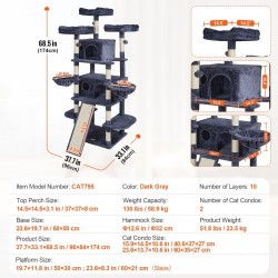 Kissan kiipeilypuu 174 cm 10 tasoa 2 pesää sisalköysillä päällystetyt pylväät