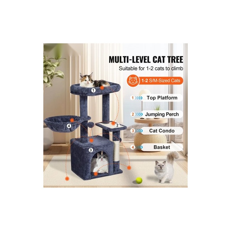 Kissapuu neljä tasoa sisalpylväät riippumatto kissakoppi 80 cm tummanharmaa