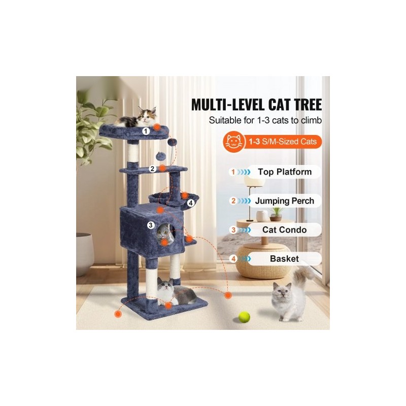 Kissankiipeilypuu lastulevy 115 cm korkea 5 tasoa sisal-raapimapylväät riippumatto kissankoppi tummanharmaa