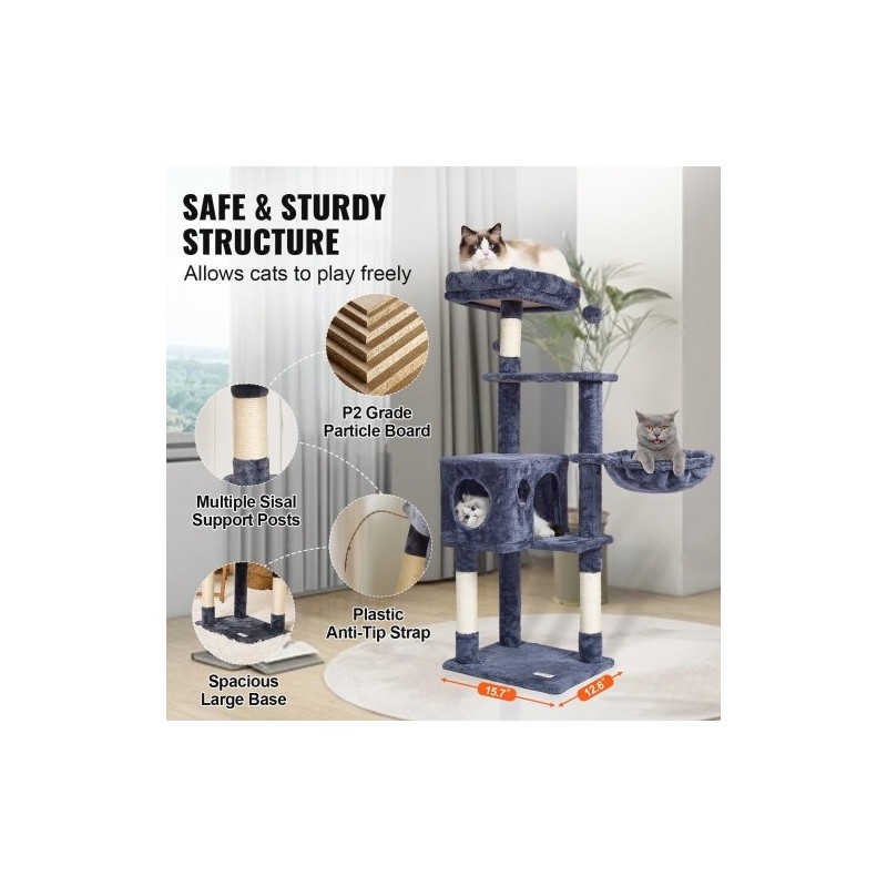 Kissankiipeilypuu lastulevy 115 cm korkea 5 tasoa sisal-raapimapylväät riippumatto kissankoppi tummanharmaa