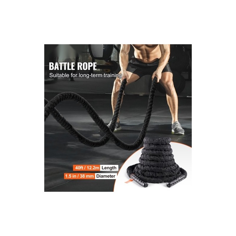 Harjoitusköysi polyesterinen 12,2 m halkaisija 38 mm musta suojasukka kiinnike