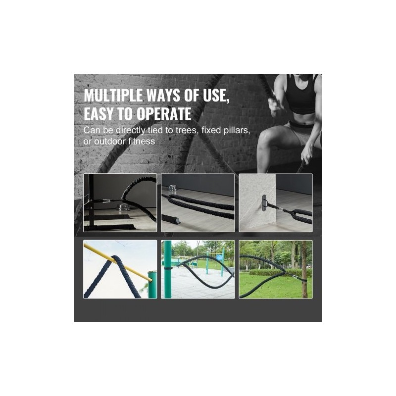 Harjoitusköysi polyesterinen 12,2 m halkaisija 38 mm musta suojasukka kiinnike