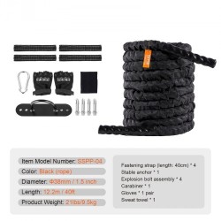 Harjoitusköysi polyesterinen 12,2 m halkaisija 38 mm musta suojasukka kiinnike