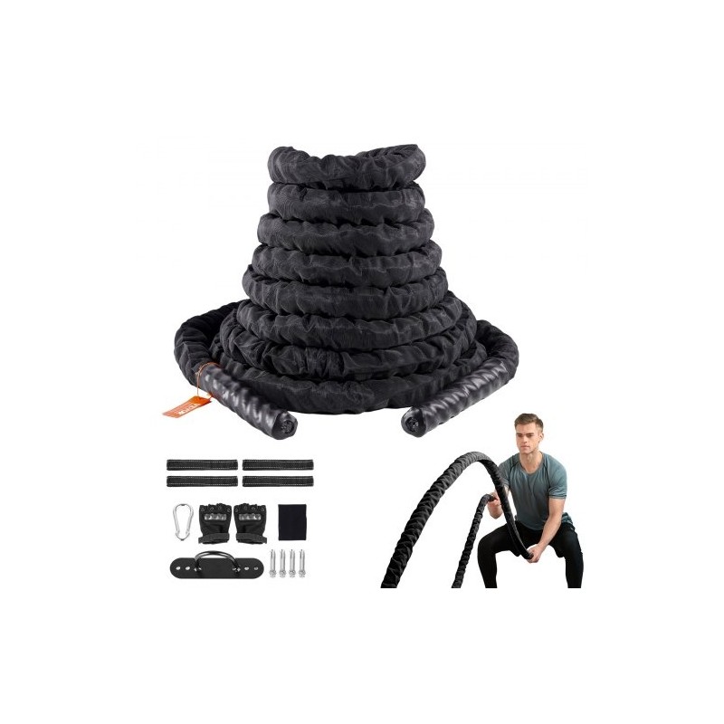 Harjoitusköysi polyesterinen 12,2 m halkaisija 38 mm musta suojasukka kiinnike