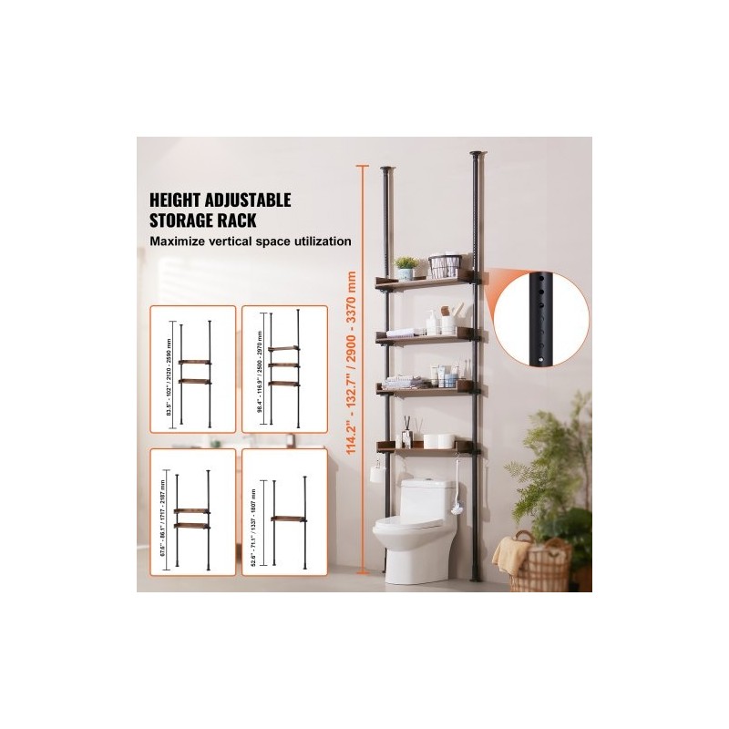 Wc:n yläpuolinen säilytyshylly 4-tasoinen säädettävä puuhyllyt alumiinikannattimet vähähiiliset teräsputket