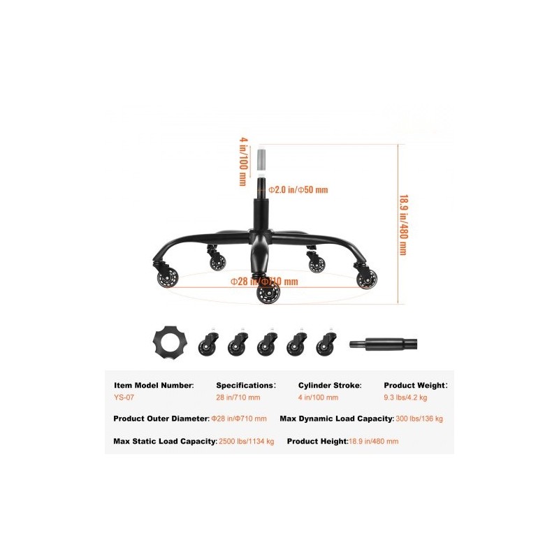 Toimistotuolin jalkaristikko 710 mm musta 1134 kg kantavuus kaasujousella ja rullilla