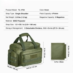 Ampumaratalaukku polyesteri neljälle pistoolille kuusi lipasta irrotettavilla jakajilla vihreä
