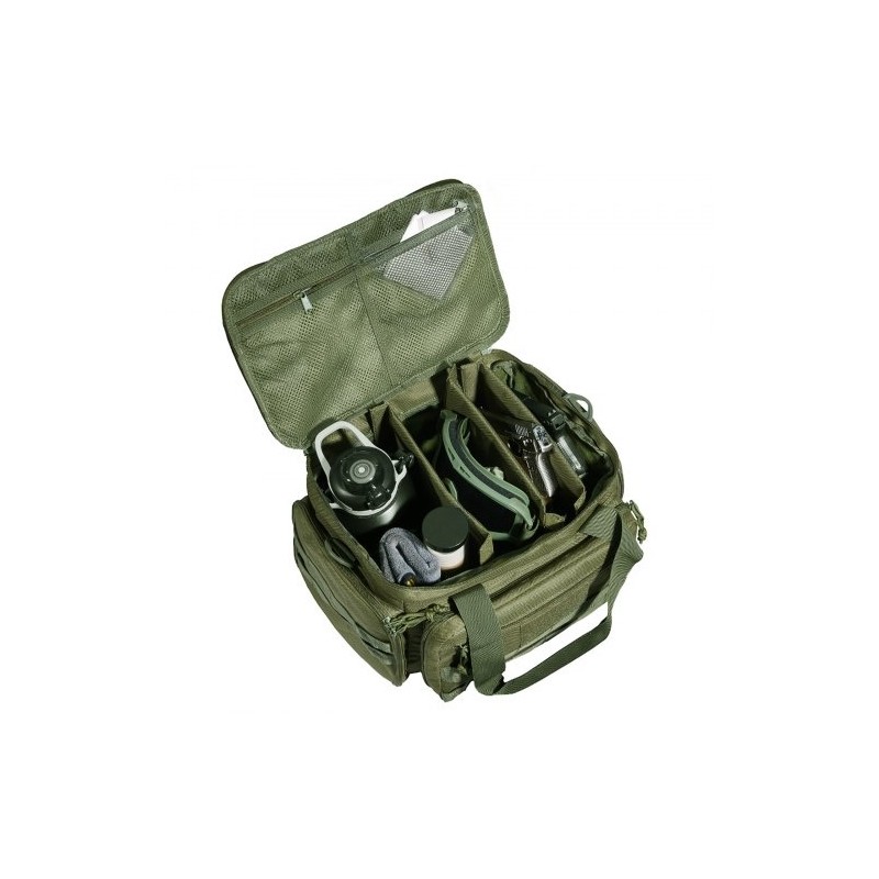 Ampumaratalaukku polyesteri neljälle pistoolille kuusi lipasta irrotettavilla jakajilla vihreä