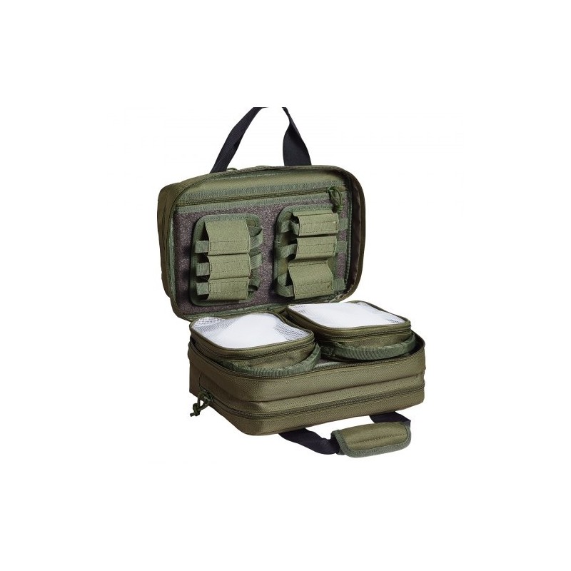 Ampumaratalaukku 600D polyesteri pehmustettu 2 pistoolille 6 lipasta vihreä ampumaradalle