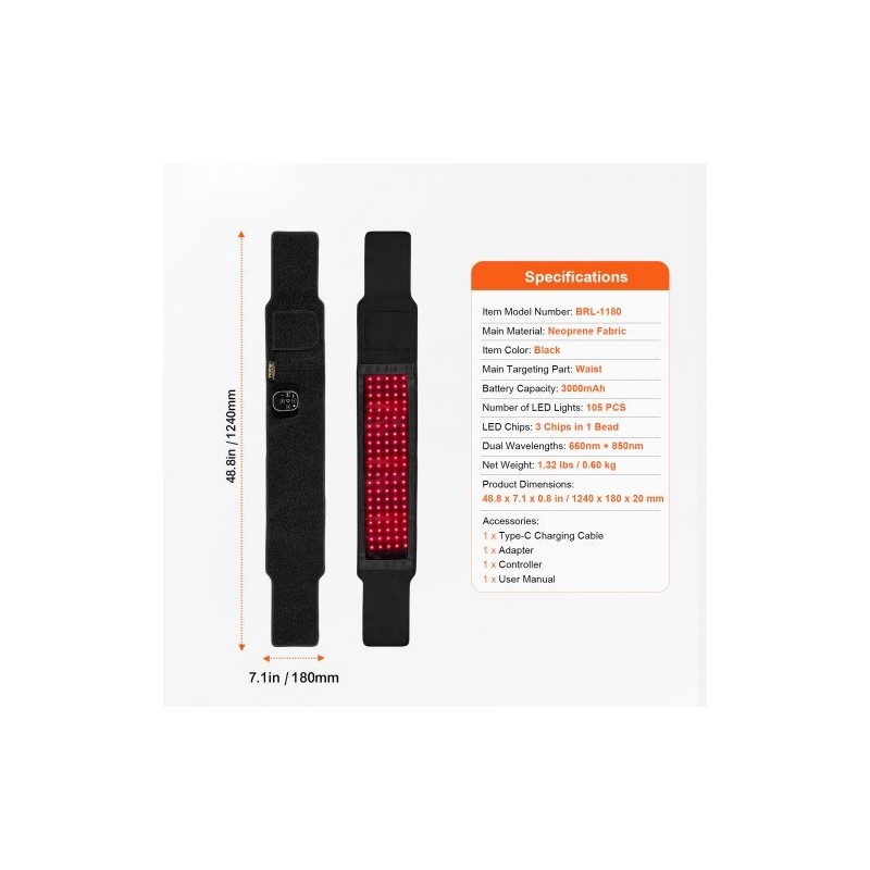 Punavalovyö neopreenikangas vyötärölle 660 nm ja 850 nm 105 lediä 3000 mAh