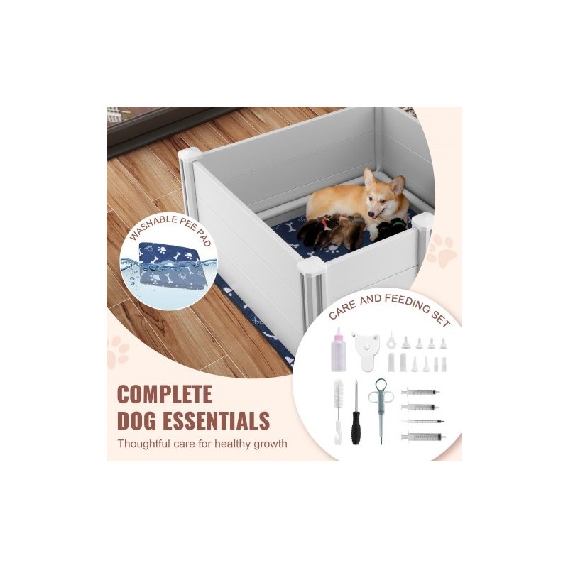 Koiran pentulaatikko PVC-muovi 98×98×46 cm irrotettavat paneelit kaiteet pissatyynyt mukana