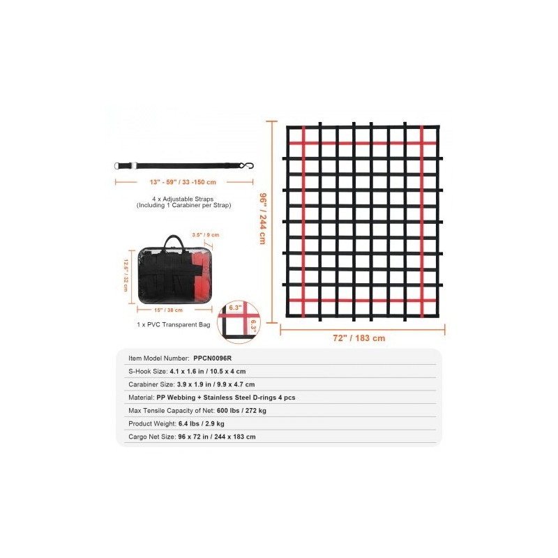 Kuormaverkko polypropeeni 2440 x 1830 mm 272 kg kantavuus 4 säädettävää hihnaa
