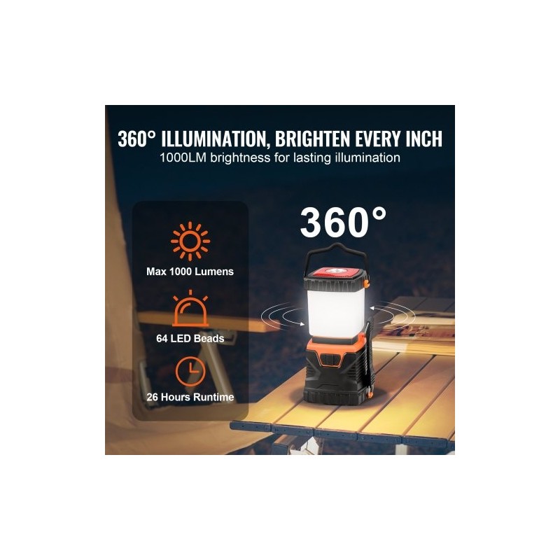 LED-retkilyhty 1000LM 360° valaistus ladattava 4400mAh akku USB-lataus 4 valaistustilaa