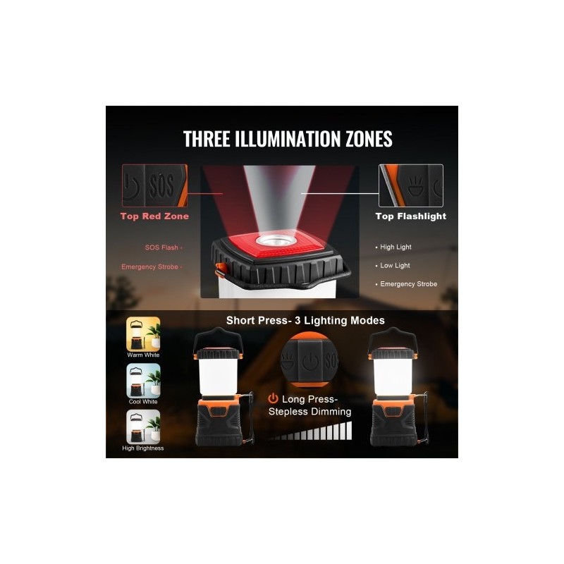 LED-retkilyhty 1000LM 360° valaistus ladattava 4400mAh akku USB-lataus 4 valaistustilaa