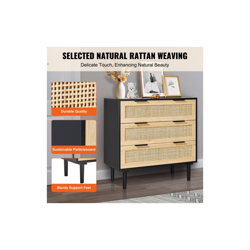 Rottinkilipasto luonnonrottinki MDF-runko 3 laatikkoa musta 800x760x400 mm