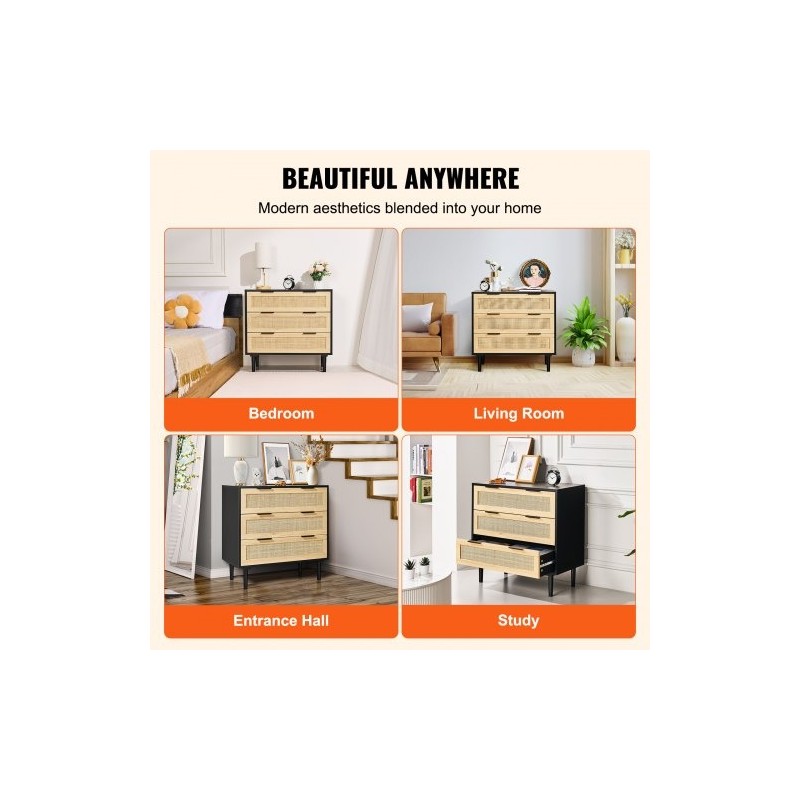 Rottinkilipasto luonnonrottinki MDF-runko 3 laatikkoa musta 800x760x400 mm