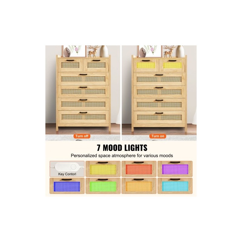 Rottinkilipasto MDF runko viisi laatikkoa luonnollinen rottinki puunsävy metallikiskoilla ja tukevat jalat