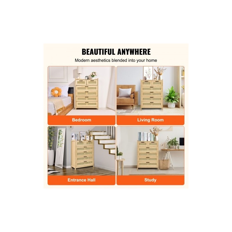 Rottinkilipasto MDF runko viisi laatikkoa luonnollinen rottinki puunsävy metallikiskoilla ja tukevat jalat