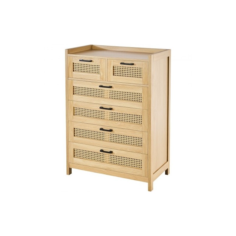 Rottinkilipasto MDF runko viisi laatikkoa luonnollinen rottinki puunsävy metallikiskoilla ja tukevat jalat