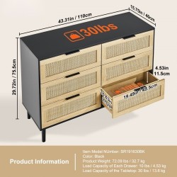 Rottinkilipasto 6 laatikkoa MDF-runko luonnollinen rottinkipunos makuuhuoneeseen
