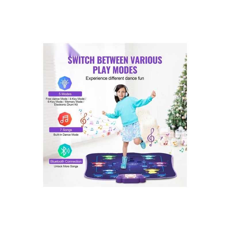 Elektroninen tanssimatto kuudella tanssipaikalla 5 pelitilaa LED-valot langaton musiikkiyhteys taitettava paristokäyttöinen