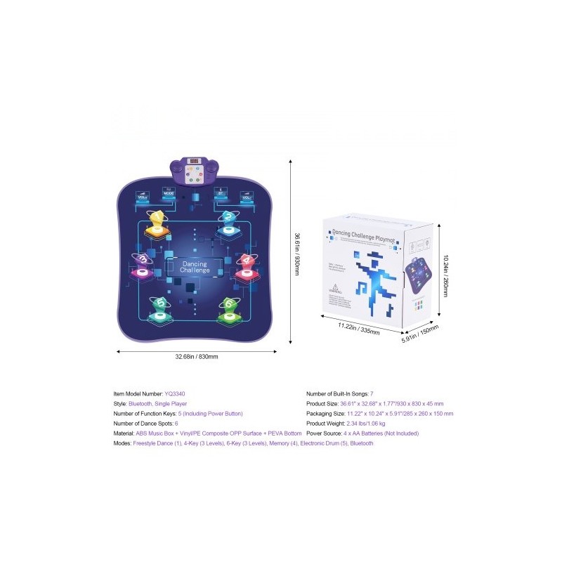 Elektroninen tanssimatto kuudella tanssipaikalla 5 pelitilaa LED-valot langaton musiikkiyhteys taitettava paristokäyttöinen