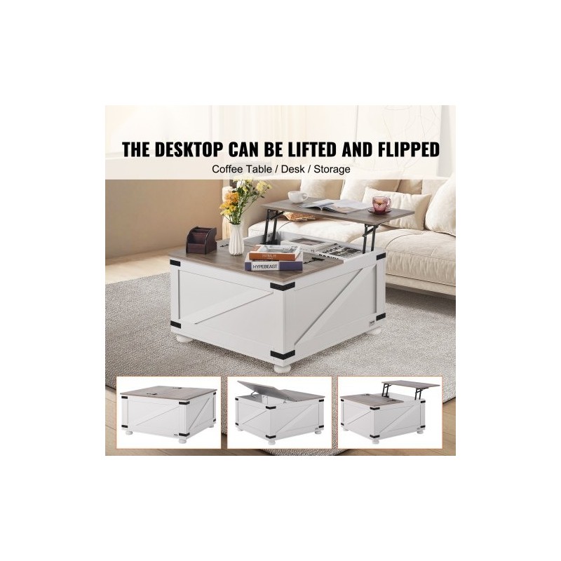 Neliönmuotoinen nostokantinen sohvapöytä 800 x 800 mm lastulevykansi tammijaloilla harmaa ja valkoinen