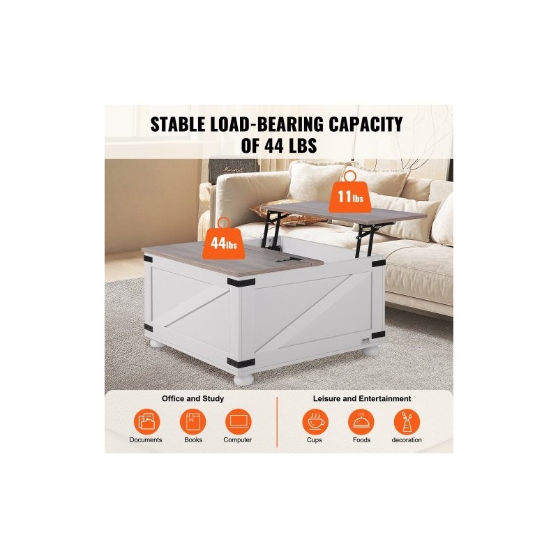 Neliönmuotoinen nostokantinen sohvapöytä 800 x 800 mm lastulevykansi tammijaloilla harmaa ja valkoinen