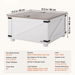 Neliönmuotoinen nostokantinen sohvapöytä 800 x 800 mm lastulevykansi tammijaloilla harmaa ja valkoinen