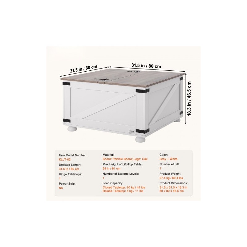 Neliönmuotoinen nostokantinen sohvapöytä 800 x 800 mm lastulevykansi tammijaloilla harmaa ja valkoinen