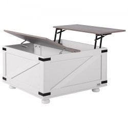 Neliönmuotoinen nostokantinen sohvapöytä 800 x 800 mm lastulevykansi tammijaloilla harmaa ja valkoinen