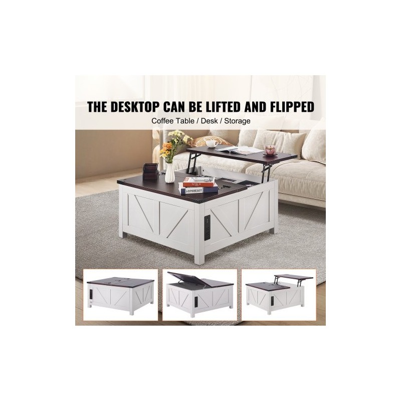 Sohvapöytä nostettavalla kannella 914x914 mm lastulevy virtapaneeli ruskea valkoinen