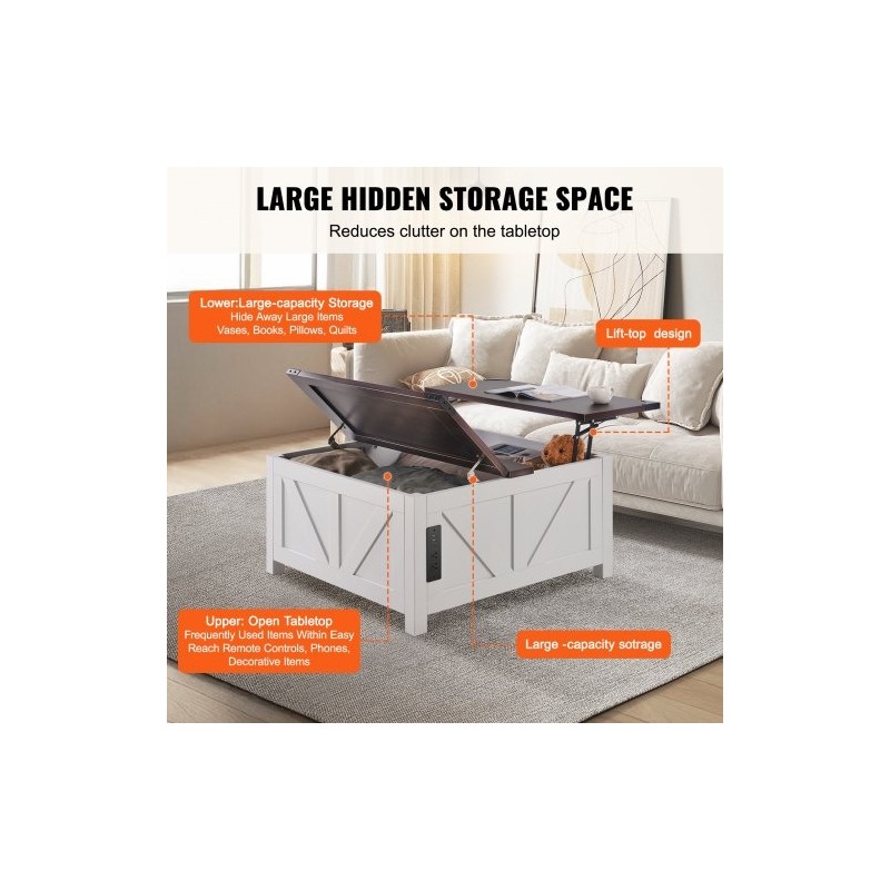 Sohvapöytä nostettavalla kannella 914x914 mm lastulevy virtapaneeli ruskea valkoinen