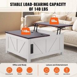 Sohvapöytä nostettavalla kannella 914x914 mm lastulevy virtapaneeli ruskea valkoinen