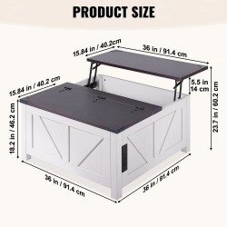 Sohvapöytä nostettavalla kannella 914x914 mm lastulevy virtapaneeli ruskea valkoinen
