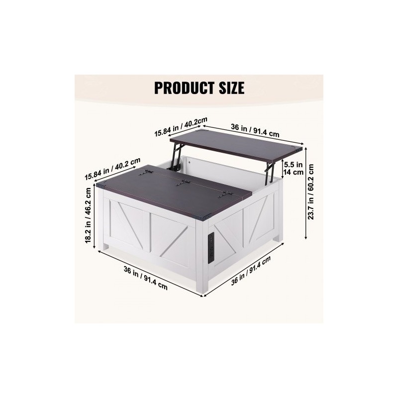 Sohvapöytä nostettavalla kannella 914x914 mm lastulevy virtapaneeli ruskea valkoinen
