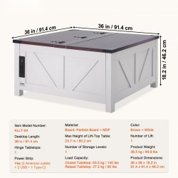 Sohvapöytä nostettavalla kannella 914x914 mm lastulevy virtapaneeli ruskea valkoinen