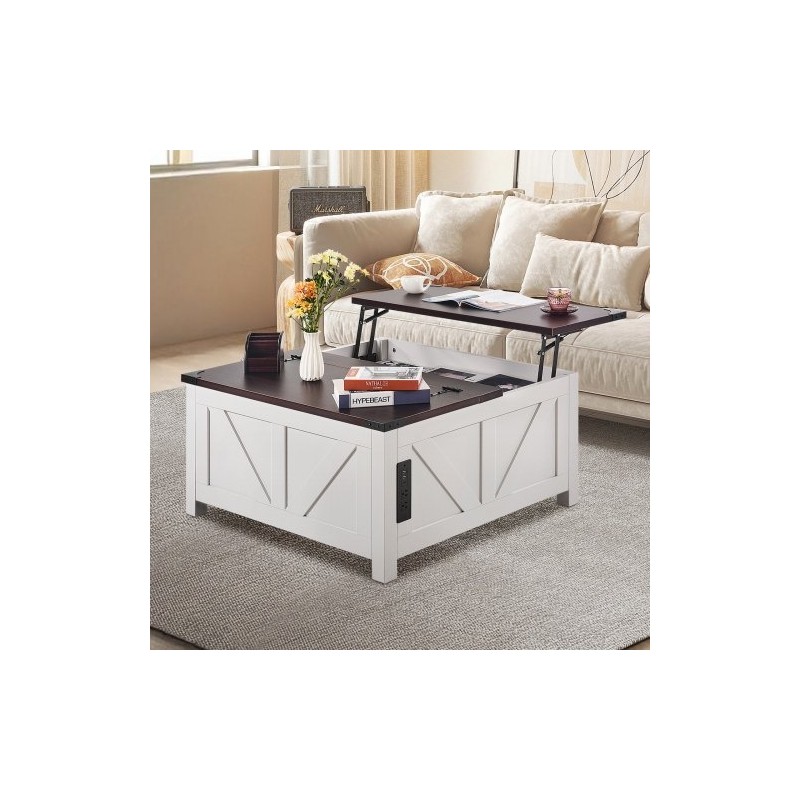 Sohvapöytä nostettavalla kannella 914x914 mm lastulevy virtapaneeli ruskea valkoinen