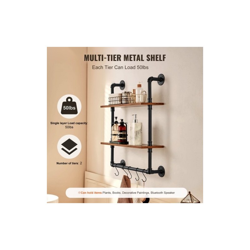 Seinälle asennettava 2-tasoinen putkihylly metallirunko ja puulevyt