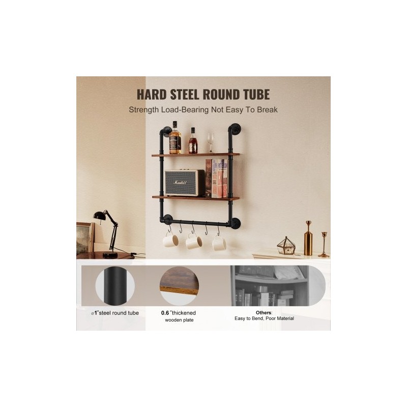 Seinälle asennettava 2-tasoinen putkihylly metallirunko ja puulevyt