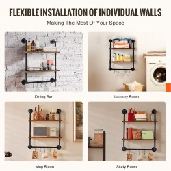 Seinälle asennettava 2-tasoinen putkihylly metallirunko ja puulevyt