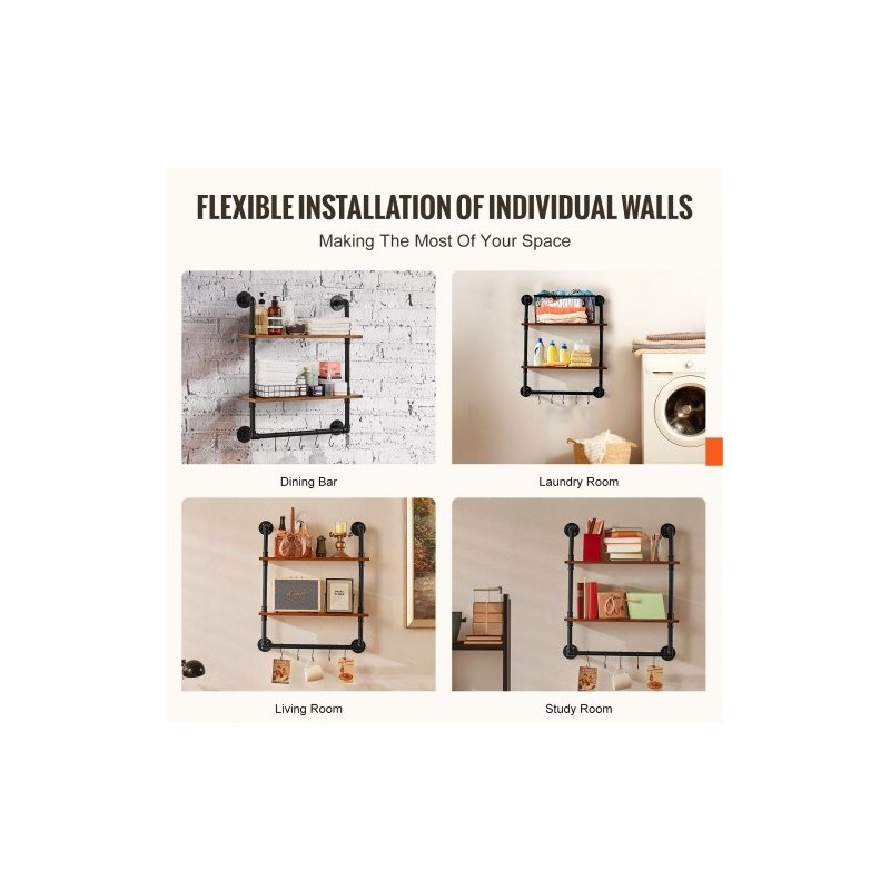 Seinälle asennettava 2-tasoinen putkihylly metallirunko ja puulevyt