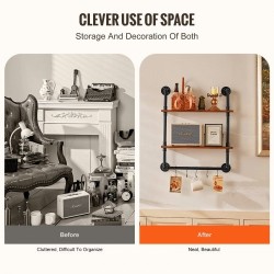 Seinälle asennettava 2-tasoinen putkihylly metallirunko ja puulevyt